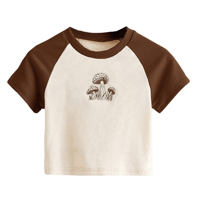 Buy Women's Graphic Print Embroidery T-Shirt with Cute Mushroom Design and Raglan Sleeves online manufacture