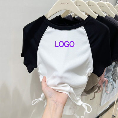 Buy Custom Y2K Ribbed Cotton Contrast Color Crop Top Ruched Drawstring Short Sleeve Women online manufacture