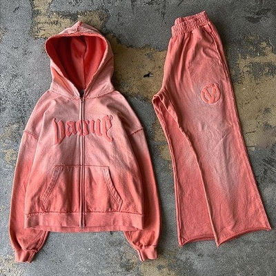 Buy Custom 2 Piece Set Men's Jogging Suits in Acid Wash Design and Puff Print Tracksuits online manufacture