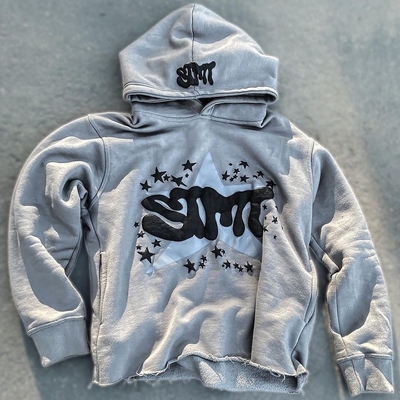 Buy Puff Print Jacket Fleece Cotton Cropped Cut Edge Raw Hem Puff Printing Hoodie Men online manufacture