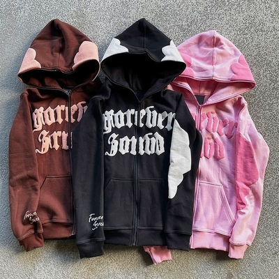 Buy Men'S Hoodie Full Face Zip Up Hoodie Puff Print Brown Heavyweight French Terry Fabric online manufacture