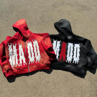 Buy Blank Custom Couple Embroidery Hoodie Sun Faded Patchwork Distressed Streetwear Hoodie online manufacture
