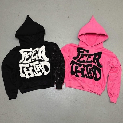 Buy Cotton Knitted Streetwear Distressed Patch Work Cropped Black Pink Rhinestone Hoodie With Rhinestones online manufacture