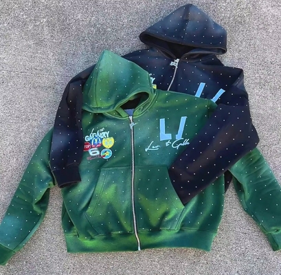 Buy Vintage Sun Faded Acid Wash Patch Embroidery Rhinestone Boxy Fit Cropped Zip Up Hoodie for Men Regular Sleeve online manufacture