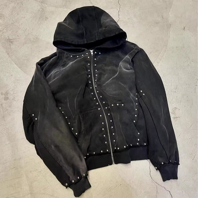 Buy 500gsm Black Rhinestone Zip Up Hoodie Men Oversized Autumn Hooded Hoodie Sun Faded Acid Wash Look online manufacture