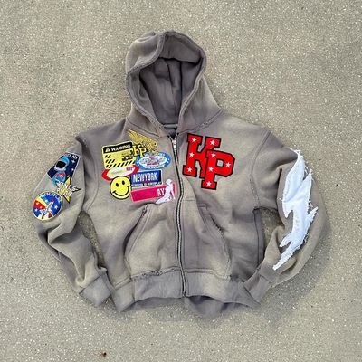 Buy Mens Rhinestone Zip Up Hoodie 500Gsm Grey Orange Stone Acid Wash Hoodie Distressed Patch Embroidery online manufacture