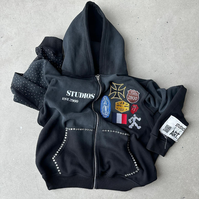 Buy Oversized Rhinestone Hoodie Black Blue Heavyweight Hoodie Vintage Stone Wash Distressed Design online manufacture