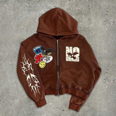 Buy French Terry Acid Wash Zip Through Hoodie Crop Top Hoodie Double Way Zipper Pullover Patch 3d online manufacture