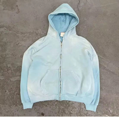 Buy Custom Acid Wash Hoodie Zip Up Men Boxy 400gms 500gsm Heavyweight Sun Faded Distressed Aged Baby Blue online manufacture