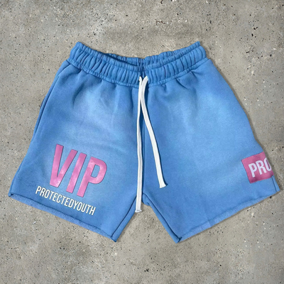 Buy Puff Print Short Acid Washed Shorts Blue Cut Raw Hem Cotton Fleece Zipper Pockets Streetwear Sweat online manufacture