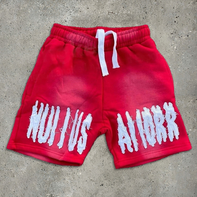 Buy Red Running Acid Wash Distressed Shorts Set Vintage Style Sun Fade Sweat Shorts Embroidered Logo online manufacture
