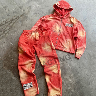 Buy Vintage Sun Faded Acid Wash Tracksuits Custom Rhinestone Distressed Hoodie And Sweatpants Set online manufacture