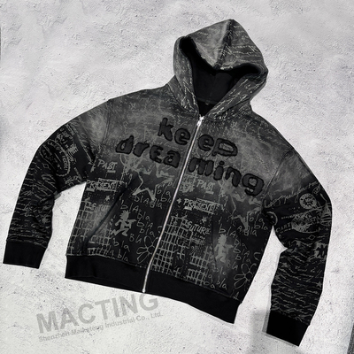 Buy Full Print Vintage Distressed Applique Embroidery Hoodie 800 grams Fabric Weight online manufacture