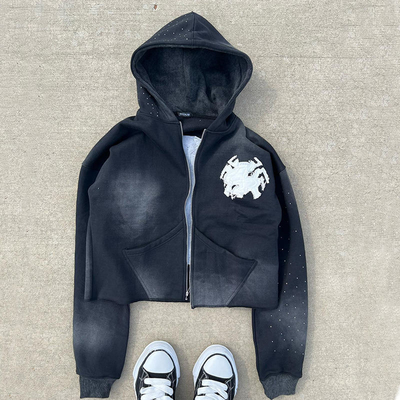 Buy Zip Up Acid Wash Hoodies Distressed Embroidery Applique Custom French Terry Crop Top online manufacture