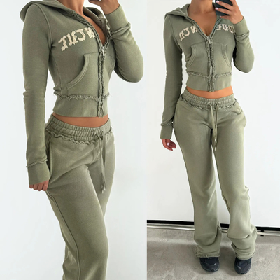 Buy Custom Embroidered Acid Wash Tracksuits for Women 100% Cotton Flared Sweatpants and Hoodie Set online manufacture