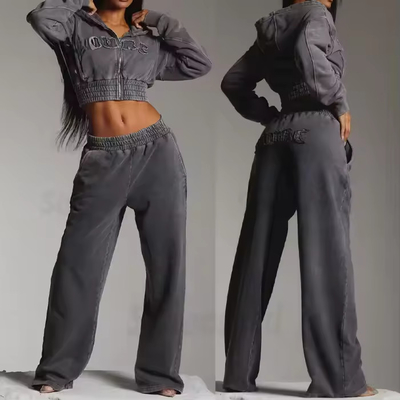 Buy Custom Women Sweatsuit Acid Wash Zip Applique Distressed Embroidery Patch Cropped Hoodie and Sweatpants online manufacture