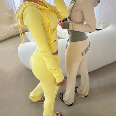 Buy Custom Cotton Knit Y2k Flared Jogging Tracksuits Female Cropped Slim Fit Skinny Distressed Sweatsuit Women online manufacture