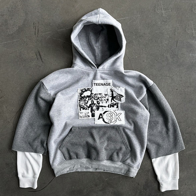 Buy Men's Grey Pullover Hoodie with Custom Patchwork Embroidery and Double Layer Waffle Sleeve online manufacture