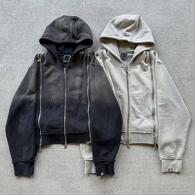 Buy Custom Patch Triple Zip Up Heavy Weight French Terry Faded Acid Wash Hoodie online manufacture