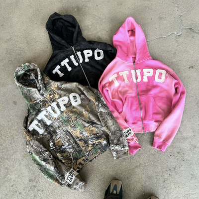 Buy Men's Custom Zip Up Hoodie in Vintage Style with Camo Distressed Embroidery online manufacture