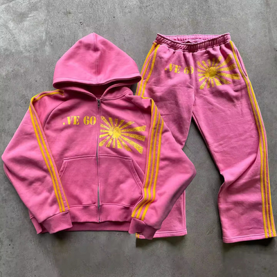 Buy Custom Screen Printing Logo Stripes Tracksuit Vintage Acid Washed Zip Up Hoodie And Jogger Sweat Pant online manufacture