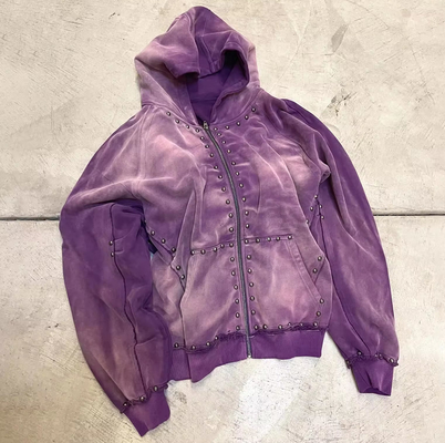 Buy Custom 100% Cotton 500 gsm Rhinestone Bead Studded Heavyweight Stone Washed Sun Faded Zip Up Hoodie online manufacture