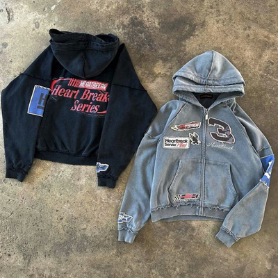 Buy Custom Reversible Stitch Hoodie Applique Distressed Embroidery Stone Wash Oversized Double Hooded Zip Up Hoodie online manufacture