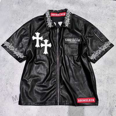 Buy Custom Hip Hop Men's Patch Embroidery Distressed T-shirt Men Zip Up Boxy Fit Short Sleeve Pu Leather T Shirt online manufacture