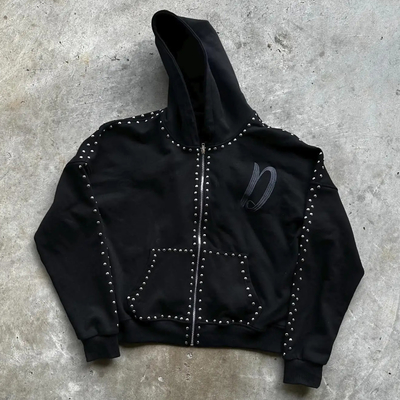 Buy Custom Streetwear Boxy Fit French Terry 100% Cotton Zip Up Rivet Studded Rhinestone Men Hoodies online manufacture