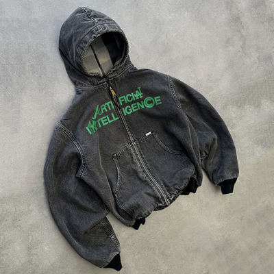 Buy Custom Heavyweight Boxy Fit Vintage Acid Wash Ripped Distressed Zip Up Denim Hoodie Jacket Men online manufacture