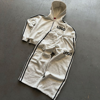 Buy Custom Heavy Cotton Side Stripe Cropped Boxy Zip Up Hoodies and Baggy Sweatpants Set Sweat Suits online manufacture