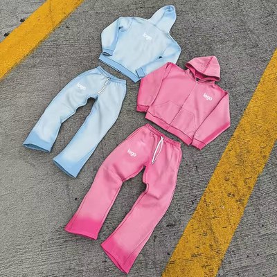 Buy Custom Vintage Jogging Set Zip Up Acid Wash Tracksuit SweatsuitsHoodie and Flared Sweatpants Track Suit for Men online manufacture