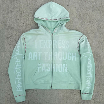 Buy Custom Gemstone Zip Up Heavy Weight Hoodie Vintage Acid Washed Baggy Boxy Fit Cropped Rhinestone Hoodie online manufacture