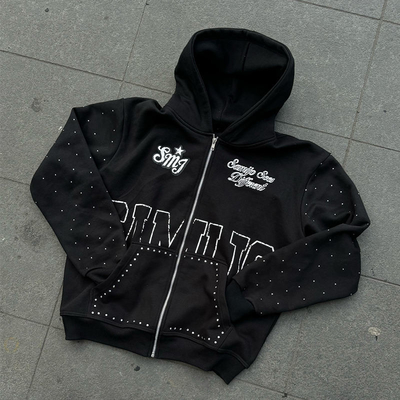 Buy Custom Rhinestone Zip Up Hoodie 450 gsm Thick Heavy Weight Screen Printing Logo Zipper Hoodies Men online manufacture