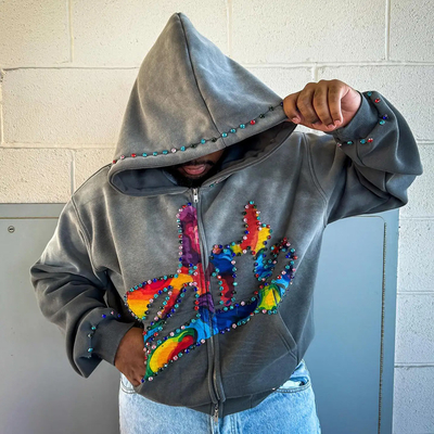 Buy Custom Rhinestone Zip Up Hoodie 450 gsm Thick Heavy Weight Screen Printing Logo Zipper Hoodies Men online manufacture