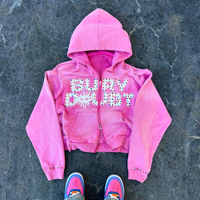 Buy Custom Vintage Washed Fleece French Terry Heavyweight Thick Crystal Rhinestone Double Zip Up Hoodie Men online manufacture