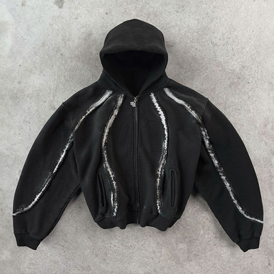 Buy Streetwear Hoodie Custom Vintage Fringed Strip 100% Cotton Distressed Zipper Heavyweight Boxy Fit Cropped Hoodies online manufacture