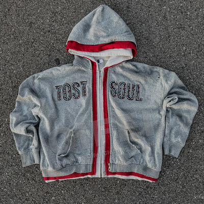 Buy Custom Streetwear Double 3 Zipper Acid Wash Vintage Baggy Boxy Fit Distressed Rhinestone Triple Layer Zip Up Hoodie online manufacture