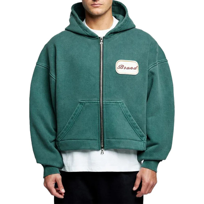 Buy Custom Logo Patch Applique Embroidery Heavyweight 600 gsm Hoodie Baggy Boxy Cropped Acid Wash Double Zipper Hoodie online manufacture