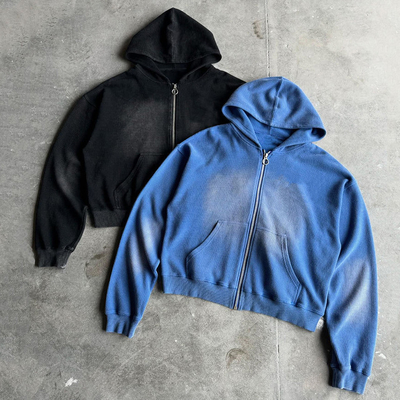 Buy Custom 400gsm Heavyweight Blank Oversized Boxy Fit Zip Up Vintage Sun Faded Acid Wash Waffle Hoodie for Men online manufacture