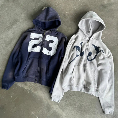Buy Custom 400 Gsm Oversized Screen Print Hoodie Streetwear Men Premium Cotton Washed Vintage Double Zip Up Hoodie online manufacture