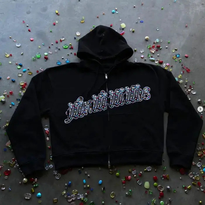 Buy Custom Men's 100% Cotton Heavyweight Embroidery Distressed Acid Wash Boxy Cropped Zip Up Rhinestone Hoodies For Men online manufacture