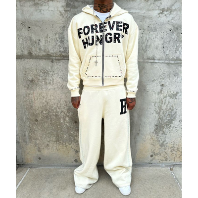 Buy Custom 500Gsm Heavyweight Cotton Rhinestone Cropped Boxy Zip Up Hoodies and Sweatpants Set Tracksuit Sweat Suits Men online manufacture