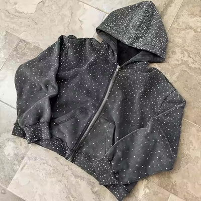 Buy Oem Heavyweight Zipper Hoodie Custom 100% Cotton Terry Hoody Sweatshirt Streetwear Rhinestone Zip Up Hoodie for Men online manufacture