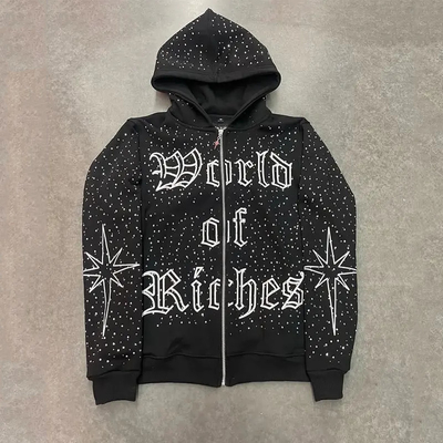 Buy High Quality Embroidery Zip Hoodie Heavyweight Cotton French Terry Oversized Hoodies Custom Zipper Rhinestone Zip Up Hoodie online manufacture