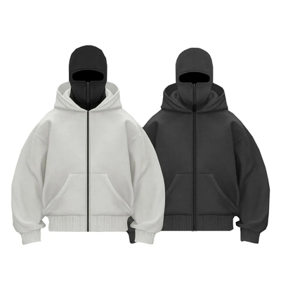 Buy Manufacturer Heavy Cotton Patchwork Double Hood Full Zip Up Balaclava Hoodies Custom Ninja Masked Men Hoodie online manufacture