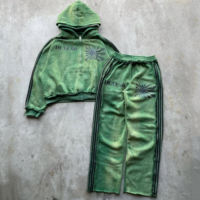 Buy Custom Vintage Acid Wash Reverse Stitch Double Hood Hoodies And Sweatpants Set Mens Sweatsuit Jogging Set Track Suit for Men online manufacture