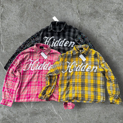 Buy Custom Winter Warm Plaid Shirts Embroidery Long Sleeve Oversized Diamond Acid Wash Rhinestone Button Up Flannel Shirts Men online manufacture