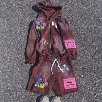 Buy Custom screen Print embroider Sweatsuits Fleece Tracksuit Set Oversized Cotton Shorts And Hoodie Set Men online manufacture