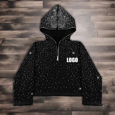 Buy Streetwear custom 380 500gsm men's french terry fleece all over print     rhinestone boxy cropped full face half zip up hoodie men online manufacture